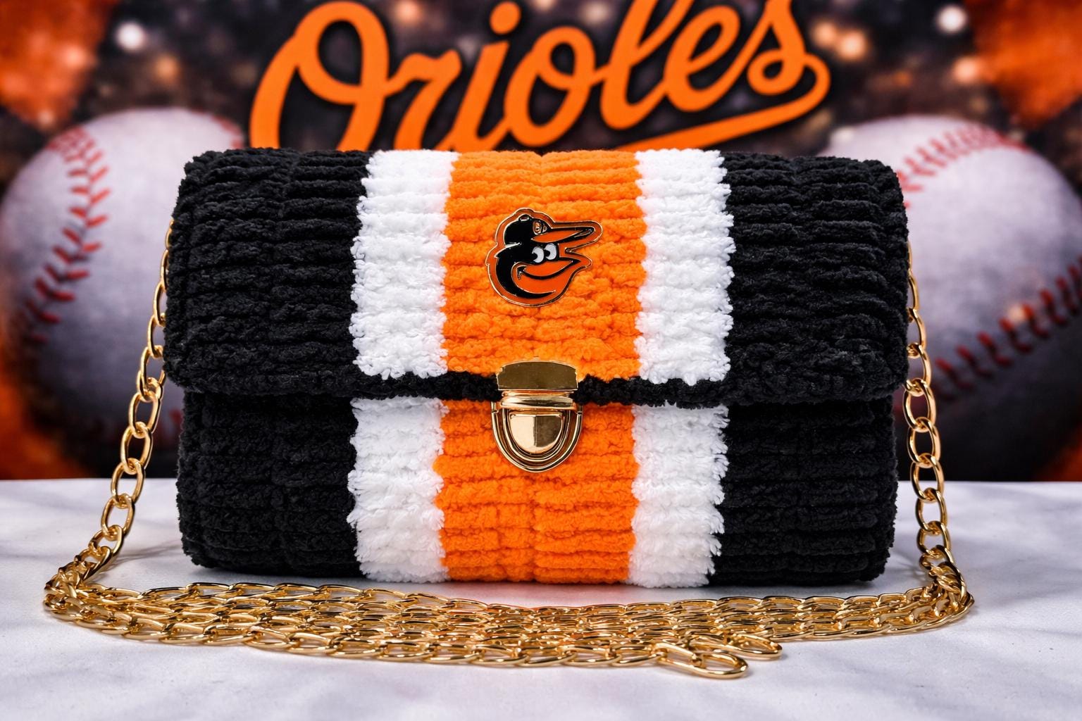 Baltimore Orioles Inspired Crossbody Purse – Handmade Crochet Fan Bag