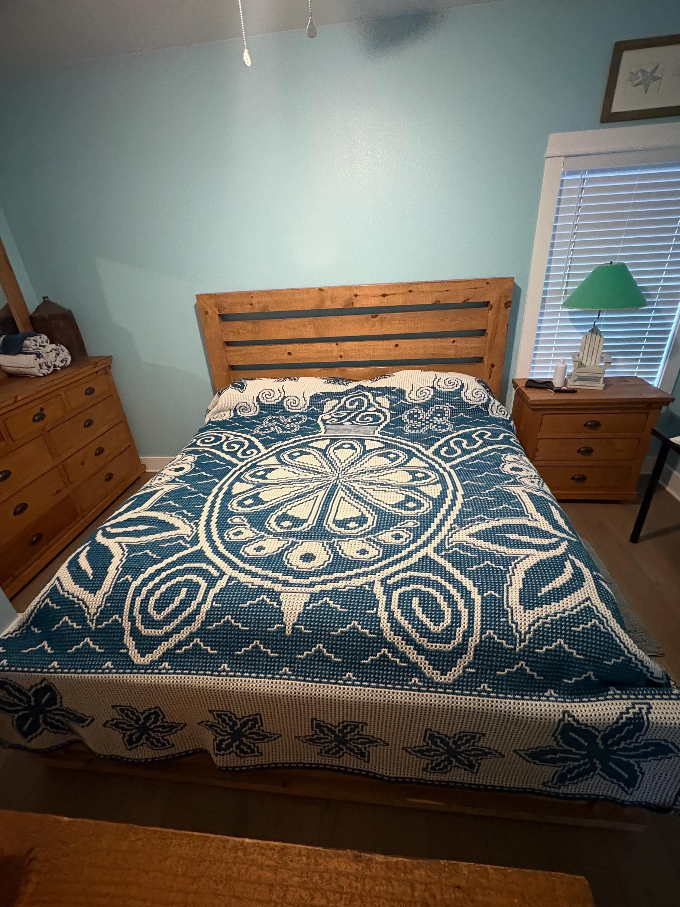Handmade One of a Kind Queen Size Mosaic Crochet Blanket – Teal & White Turtle Design