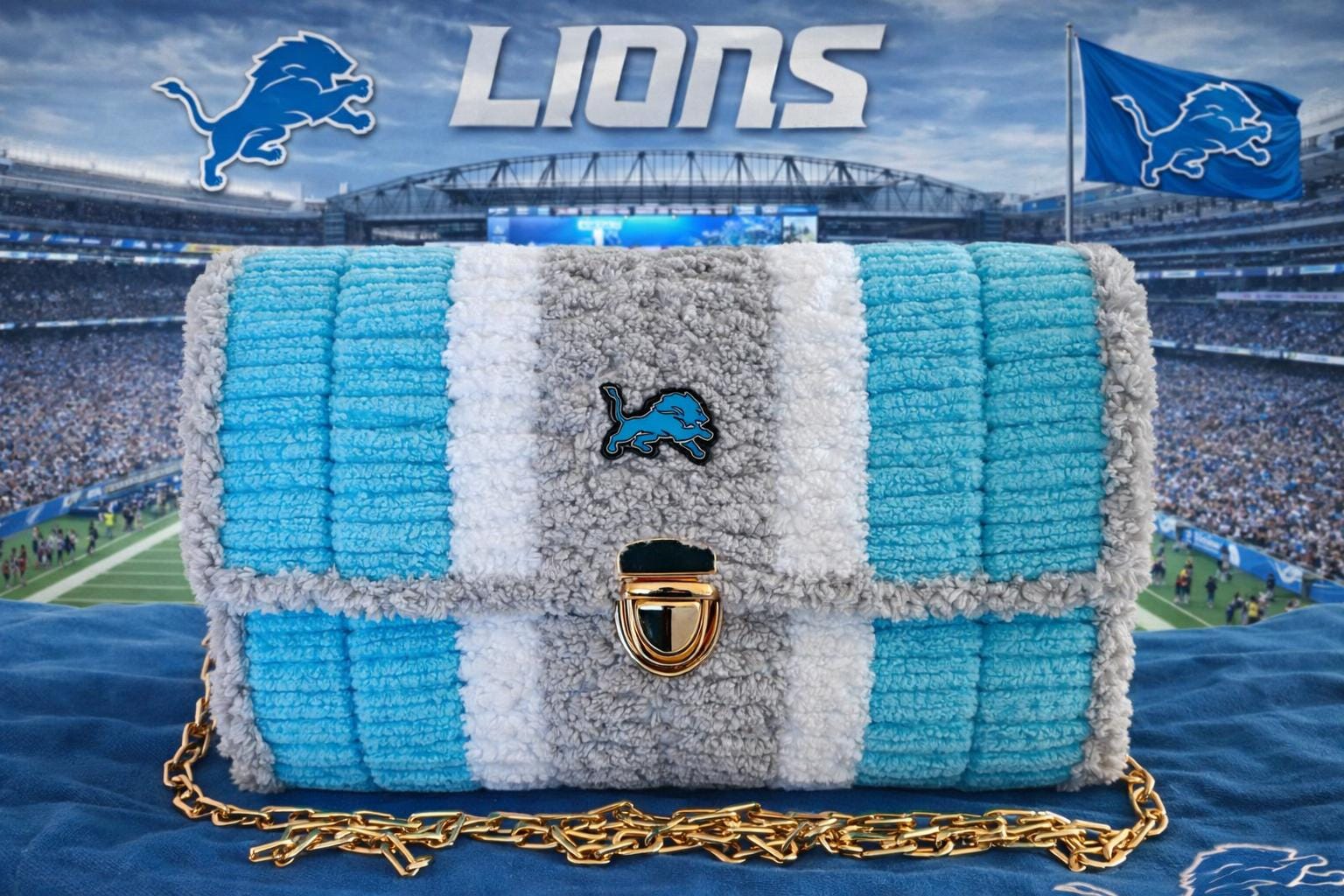 Detroit Lions Inspired Crossbody Purse – Handmade Chenille Game Day Bag – NFL Fan Gift