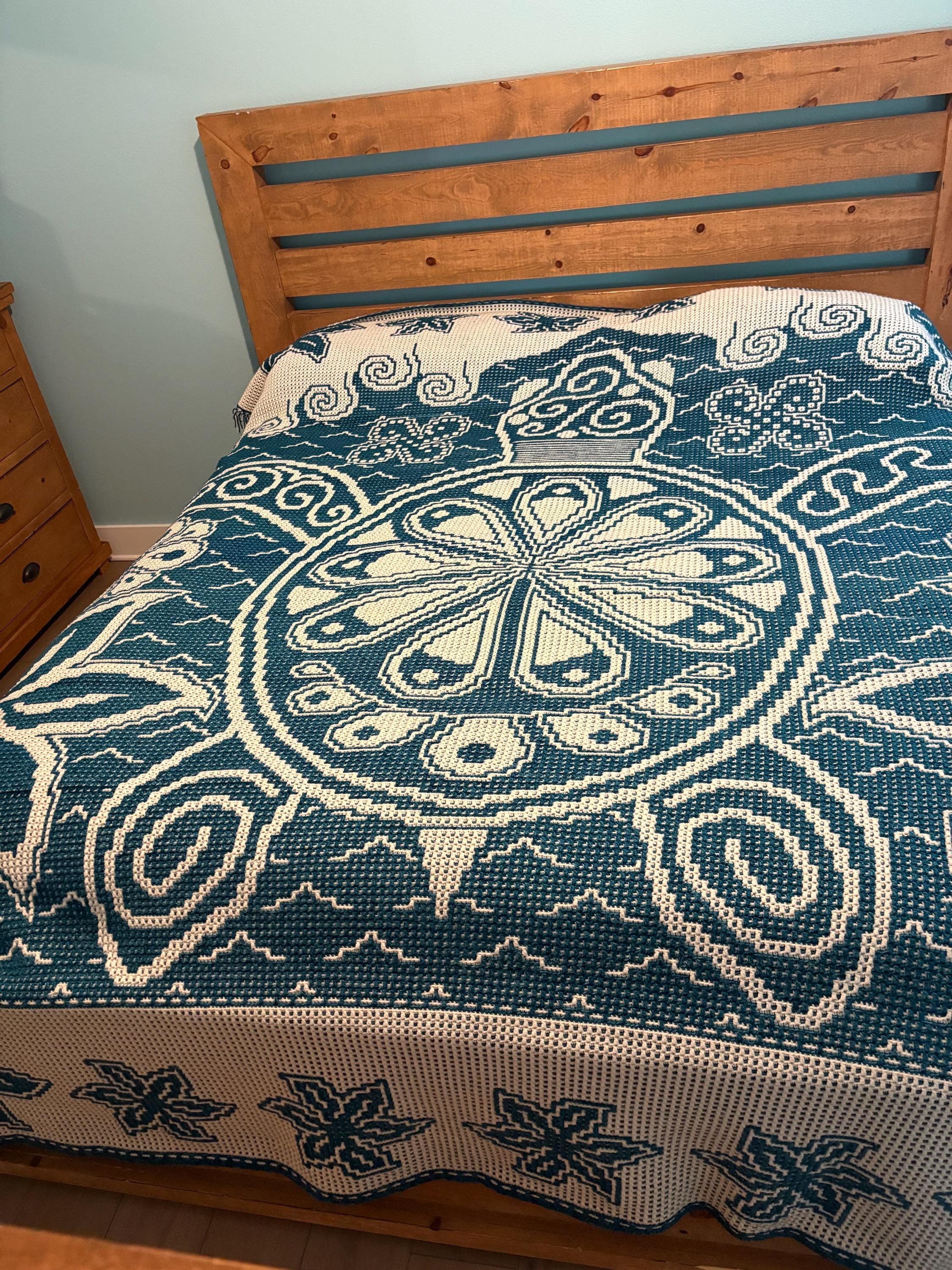 Handmade One of a Kind Queen Size Mosaic Crochet Blanket – Teal & White Turtle Design