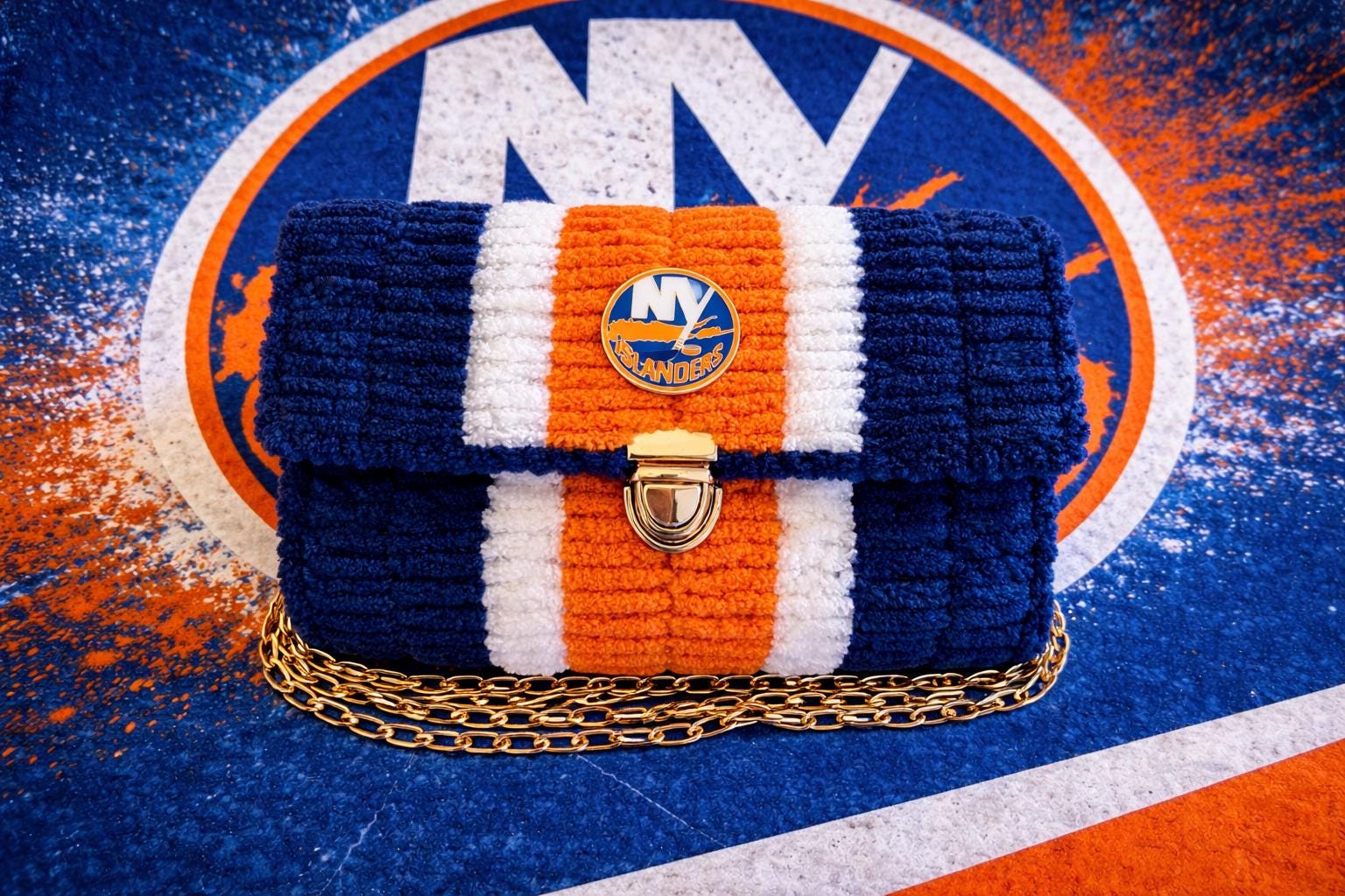 New York Islanders Inspired Crossbody Purse – Handmade Crochet Fan Bag
