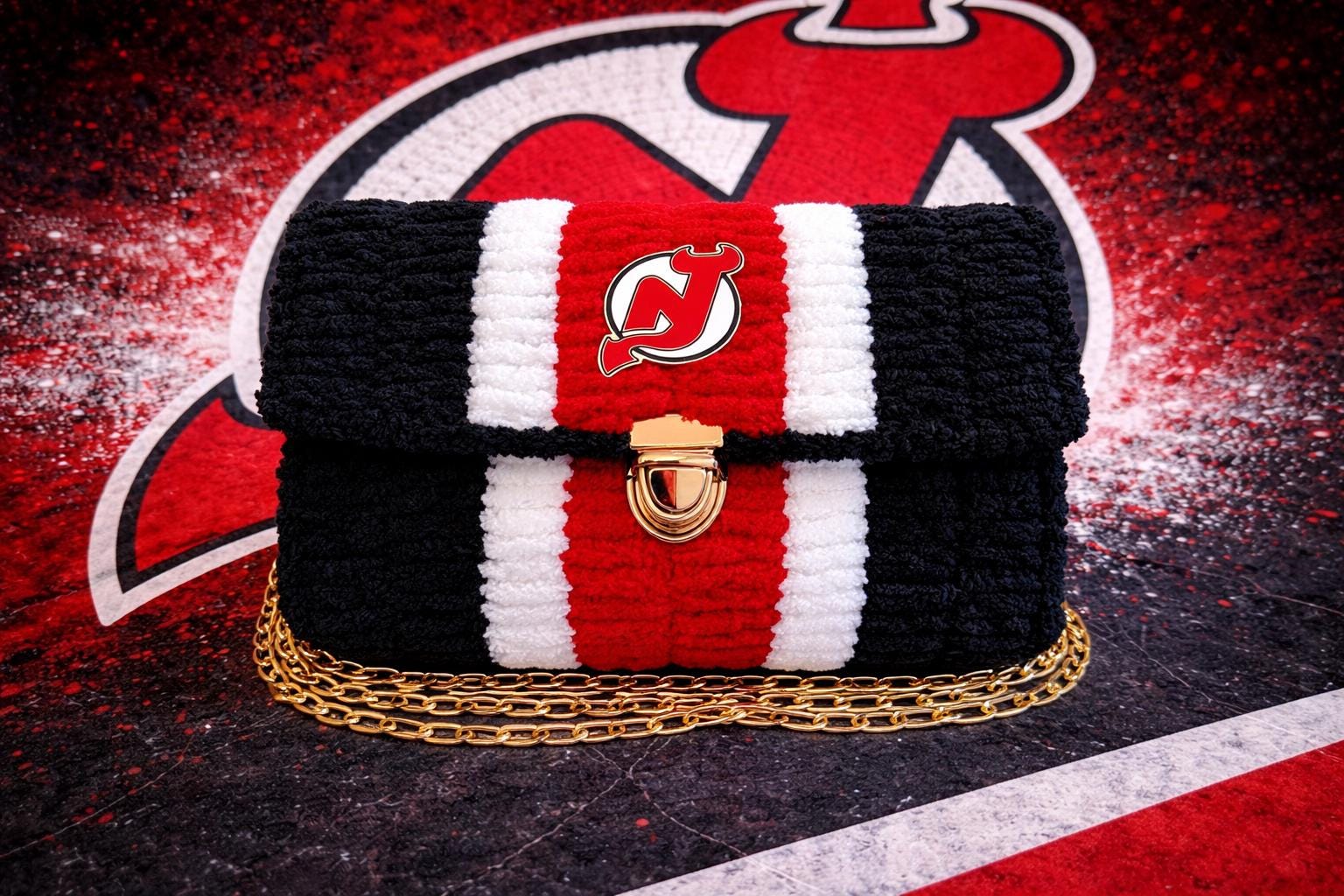 New Jersey Devils Inspired Crossbody Purse – Handmade Crochet Fan Bag
