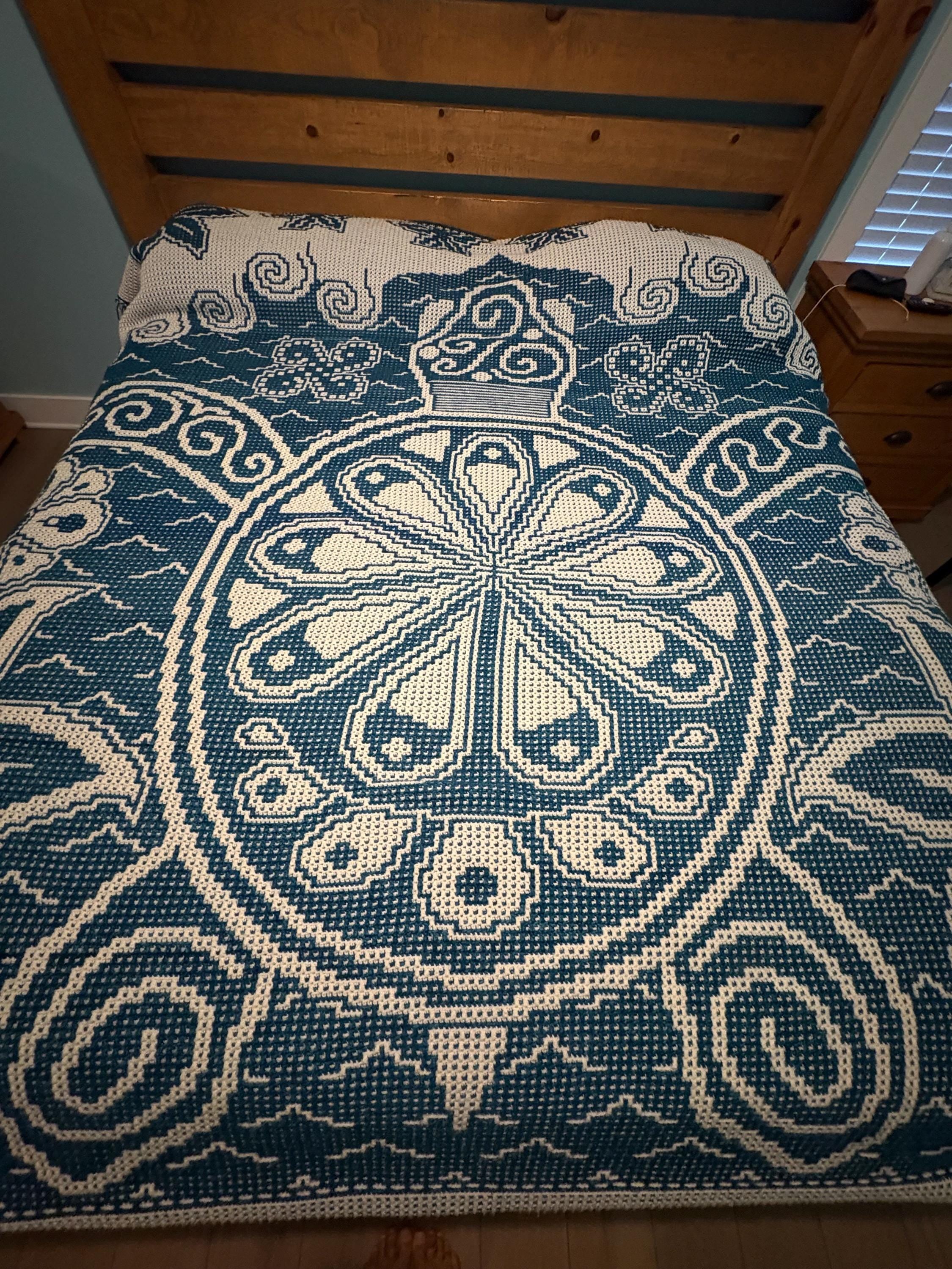 Handmade One of a Kind Queen Size Mosaic Crochet Blanket – Teal & White Turtle Design