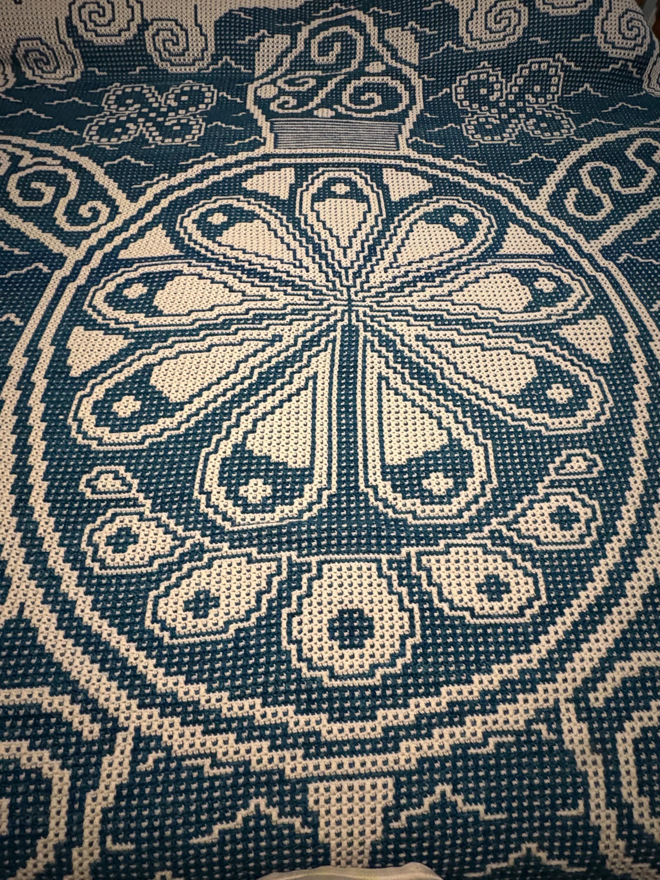 Handmade One of a Kind Queen Size Mosaic Crochet Blanket – Teal & White Turtle Design